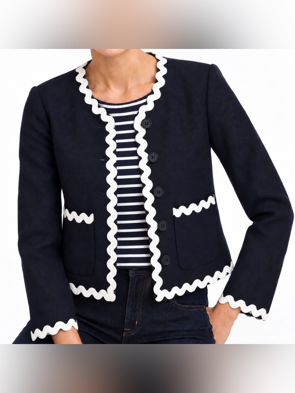J.Crew Linen Cotton Jacket Navy White Rickrack Pockets Women Blazer Size 14